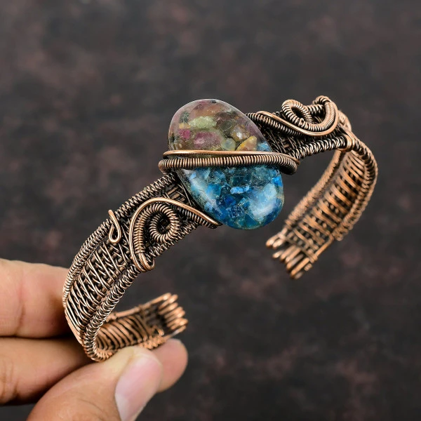 Watermelon Tourmaline Oval Blue Handmade Copper Wire Wrapped Bangle
