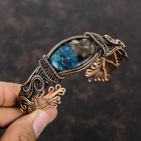 Watermelon Tourmaline Oval Blue Handmade Copper Wire Wrapped Bangle