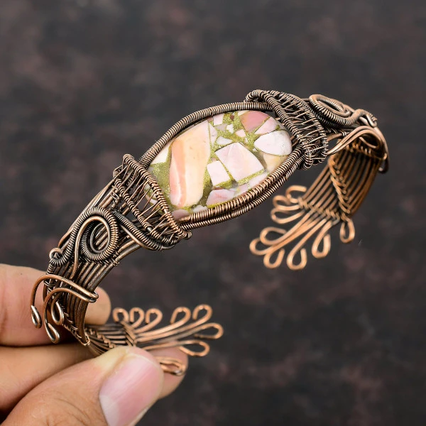 Copper Pink Opal Oval Pink Handmade Copper Wire Wrapped Bangle