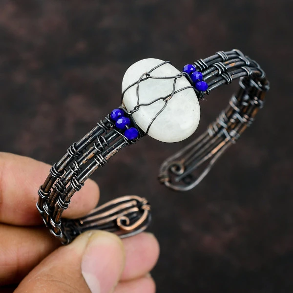 Rainbow Moonstone Oval White Handmade Copper Wire Wrapped Bangle