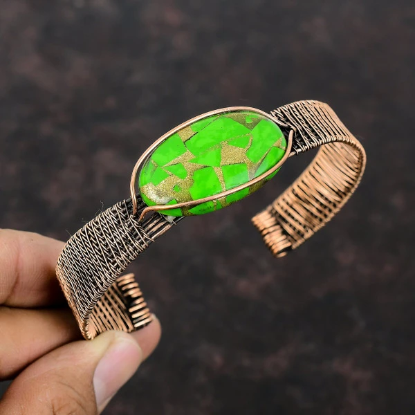 Copper Green Turquoise Oval Green Handmade Copper Wire Wrapped Bangle