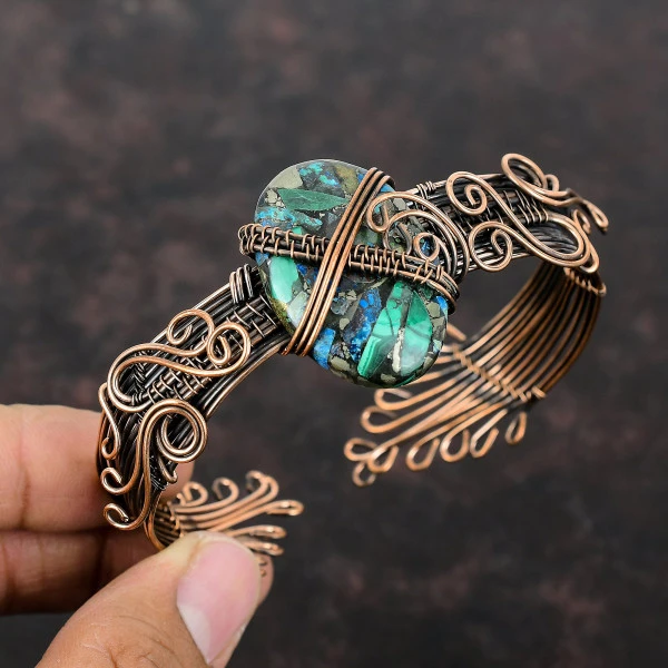 Copper Azurite Malachite Oval Green Handmade Copper Wire Wrapped Bangle