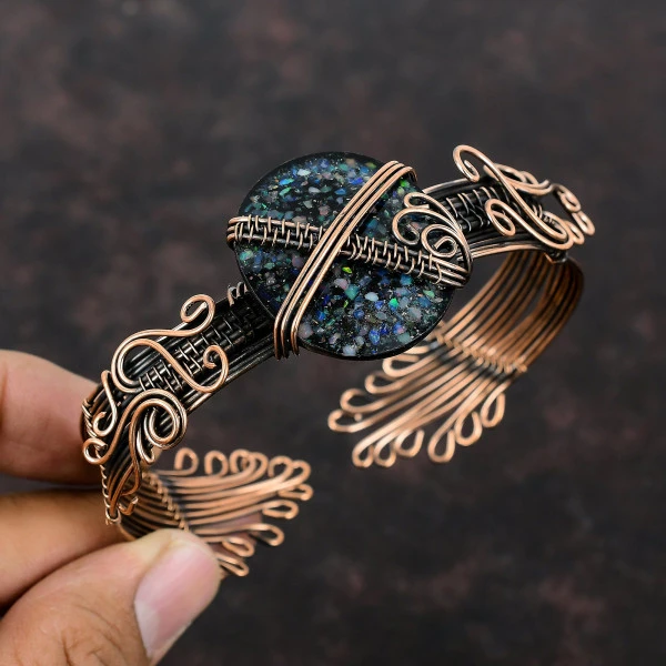Black Ethiopian Opal Oval Black Handmade Copper Wire Wrapped Bangle