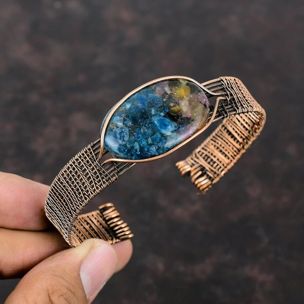 Watermelon Tourmaline Oval Blue Handmade Copper Wire Wrapped Bangle