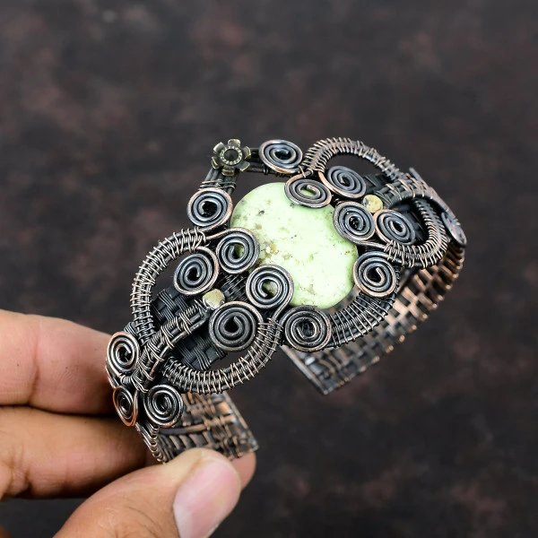 Lemon Chrysoprase Oval Green Handmade Copper Wire Wrapped Bangle