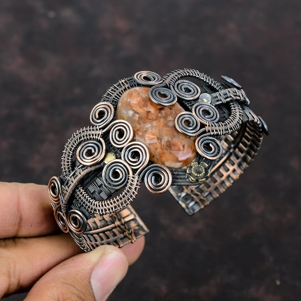 Sunstone Oval Orange Handmade Copper Wire Wrapped Bangle