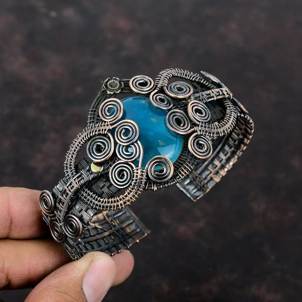 Smithsonite Oval Blue Handmade Copper Wire Wrapped Bangle