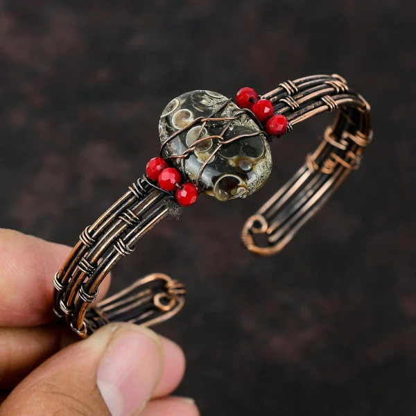 Turritella Agate Oval Black Handmade Copper Wire Wrapped Bangle