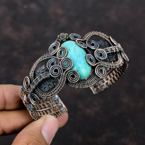 Tibetan Turquoise Oval Blue Handmade Copper Wire Wrapped Bangle