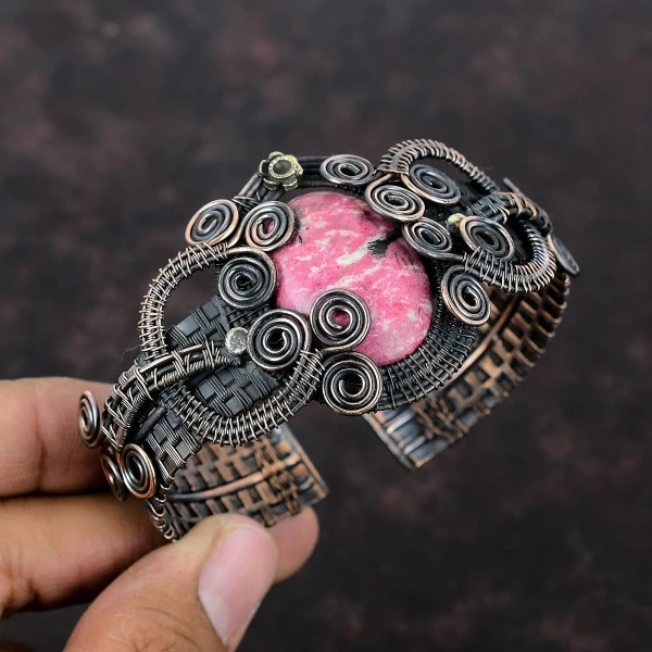 Thulite Oval Pink Handmade Copper Wire Wrapped Bangle