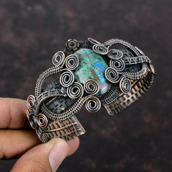 Shattuckite Oval Green Handmade Copper Wire Wrapped Bangle