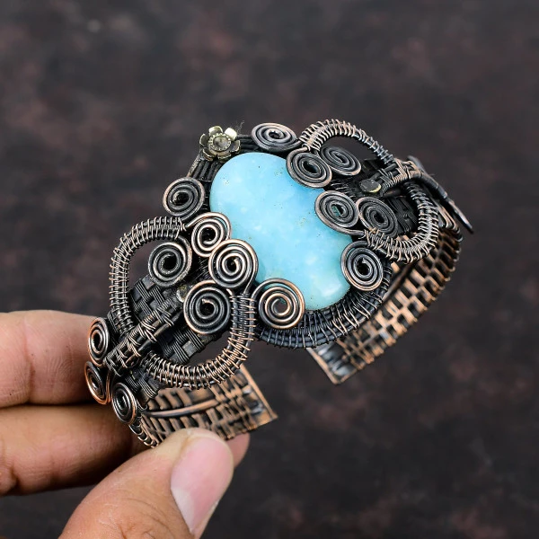 Hemimorphite Oval Blue Handmade Copper Wire Wrapped Bangle