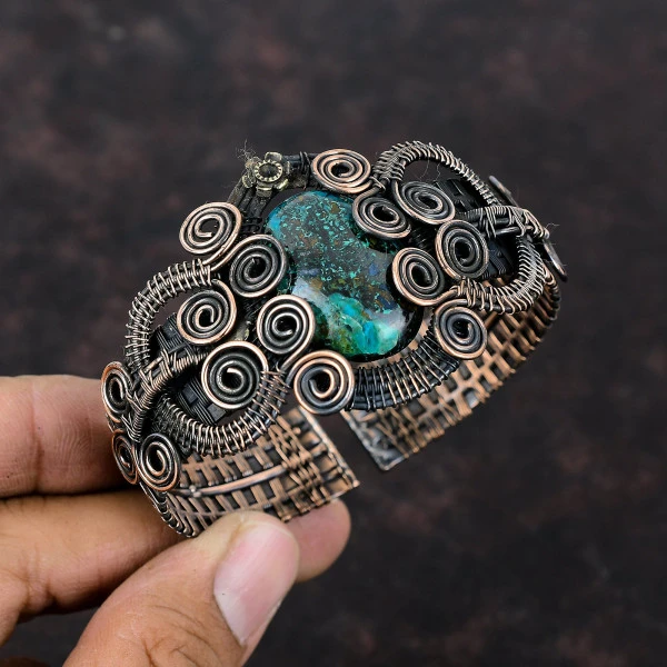 Azurite Malachite Oval Green Handmade Copper Wire Wrapped Bangle