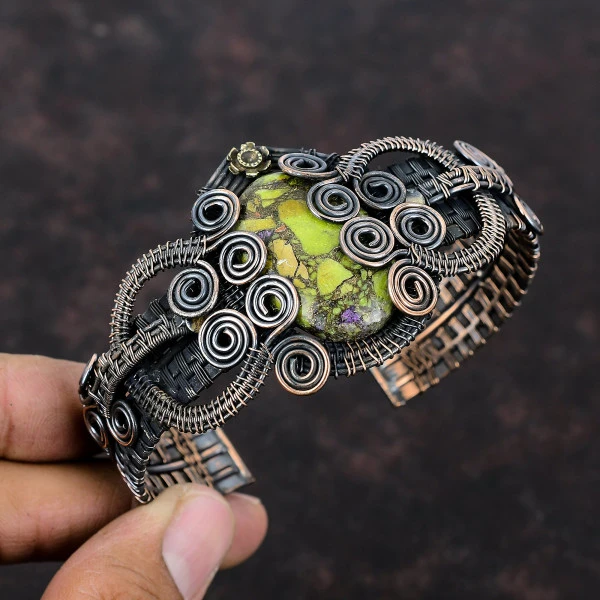Copper Stichtite Oval Green Handmade Copper Wire Wrapped Bangle