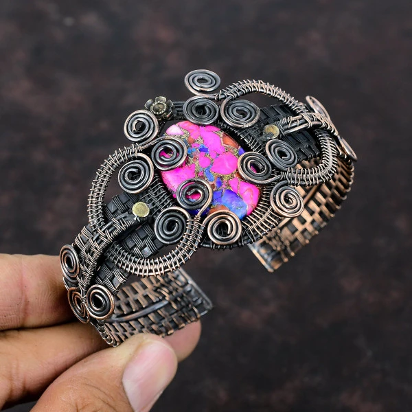 Natural Kingman Pink Dahlia Turquoise Oval Pink Handmade Copper Wire Wrapped Bangle
