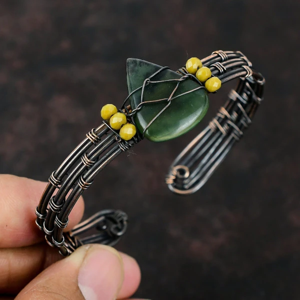 Green Jade Pear Green Handmade Copper Wire Wrapped Bangle