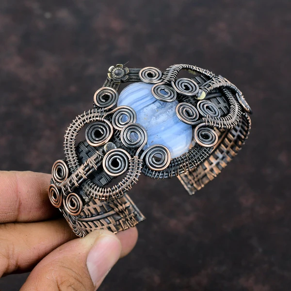 Blue Lace Agate Oval Blue Handmade Copper Wire Wrapped Bangle