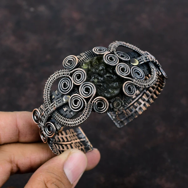 Moldavite Round Green Handmade Copper Wire Wrapped Bangle