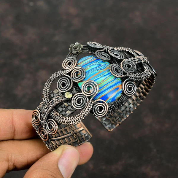 Rainbow Calsilica Oval Blue Handmade Copper Wire Wrapped Bangle