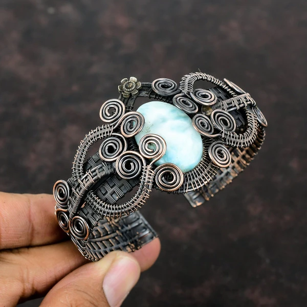Larimar Oval Blue Handmade Copper Wire Wrapped Bangle