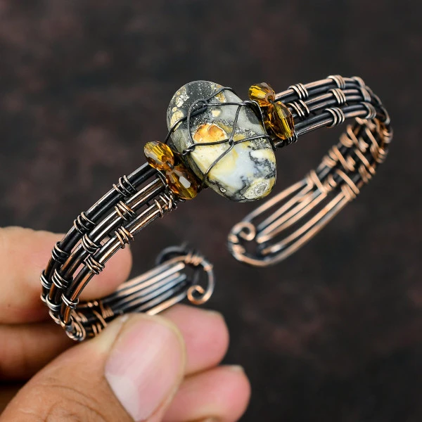 Maligano Jasper Oval Gray Handmade Copper Wire Wrapped Bangle