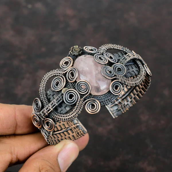 Rose Quartz Oval Pink Handmade Copper Wire Wrapped Bangle