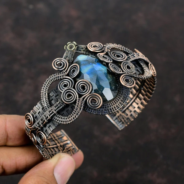 Labradorite Oval Blue Handmade Copper Wire Wrapped Bangle