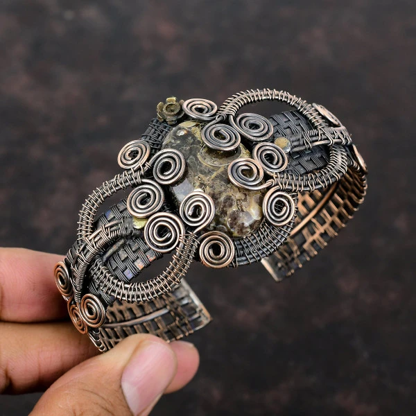 Turritella Agate Oval Brown Handmade Copper Wire Wrapped Bangle