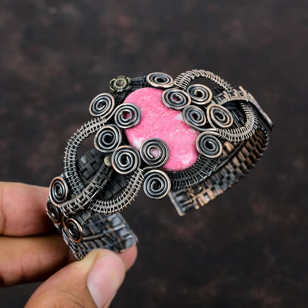 Thulite Oval Pink Handmade Copper Wire Wrapped Bangle