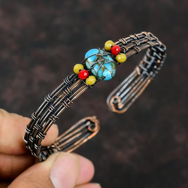 Copper Blue Turquoise Oval Blue Handmade Copper Wire Wrapped Bangle