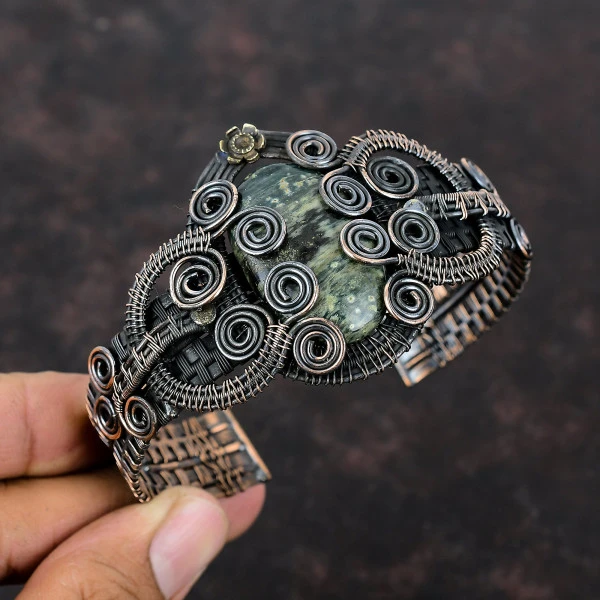Ocean Jasper Oval Green Handmade Copper Wire Wrapped Bangle