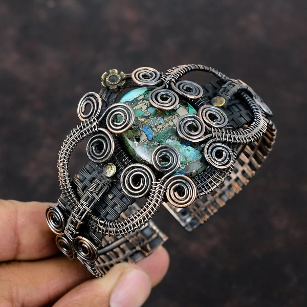 Copper Azurite Malachite Oval Green Handmade Copper Wire Wrapped Bangle