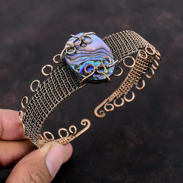 Abalone Shell Oval Blue Handmade Copper Wire Wrapped Bangle