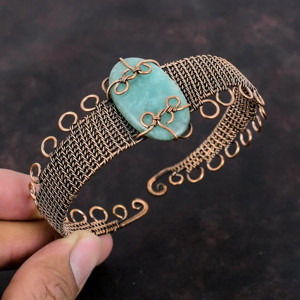 Amazonite Oval Green Handmade Copper Wire Wrapped Bangle