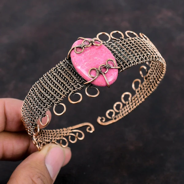 Thulite Oval Pink Handmade Copper Wire Wrapped Bangle