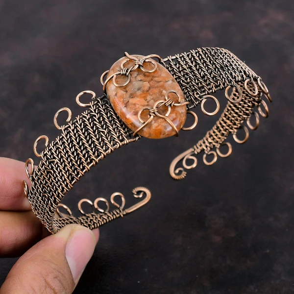 Sunstone Oval Orange Handmade Copper Wire Wrapped Bangle
