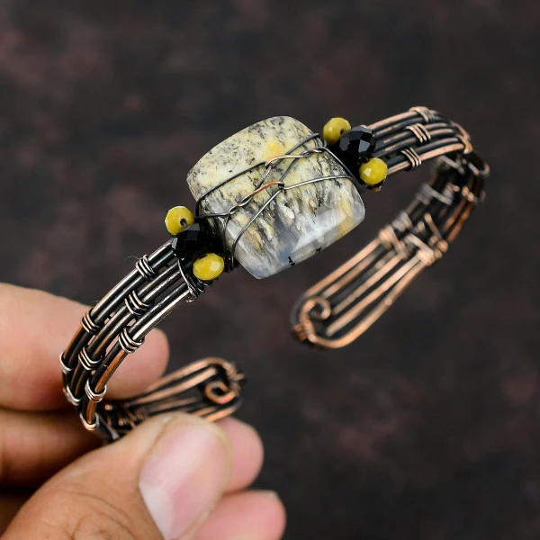 Plume Agate Cushion White Handmade Copper Wire Wrapped Bangle