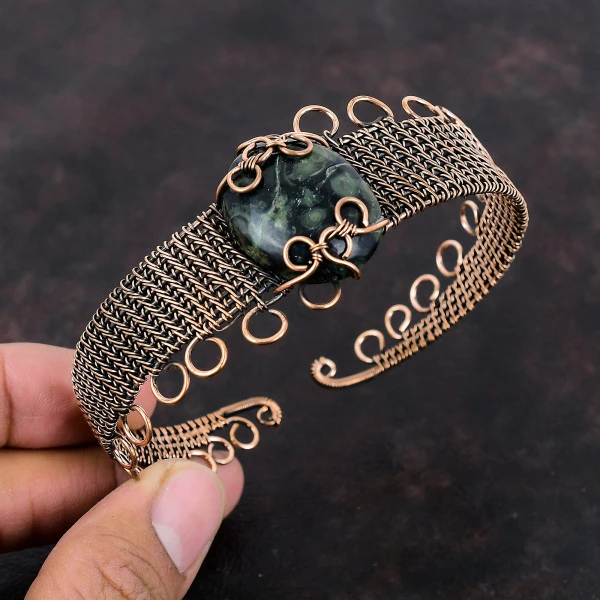 Kambaba Jasper Oval Green Handmade Copper Wire Wrapped Bangle