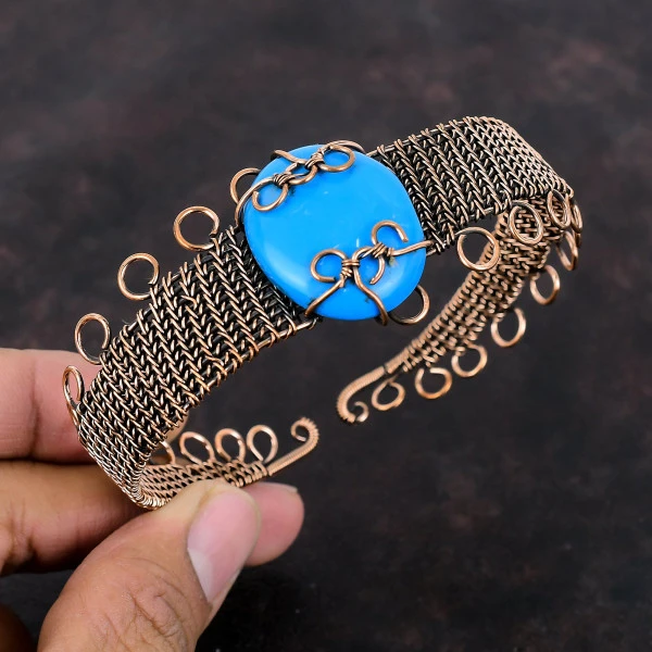 Sleeping Beauty Turquoise Oval Blue Handmade Copper Wire Wrapped Bangle