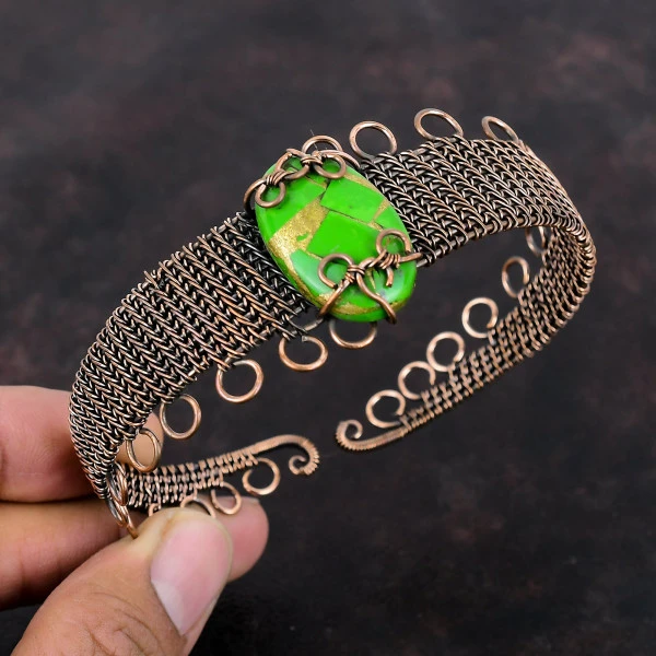 Copper Green Turquoise Oval Green Handmade Copper Wire Wrapped Bangle