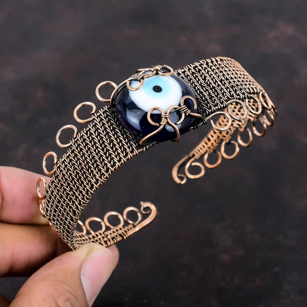 Blue Color Evil Eye Round Blue Handmade Copper Wire Wrapped Bangle