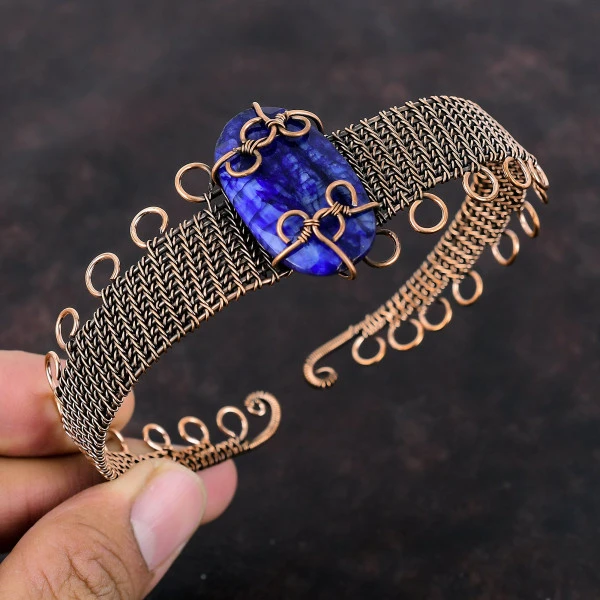 Blue Sapphire Oval Blue Handmade Copper Wire Wrapped Bangle