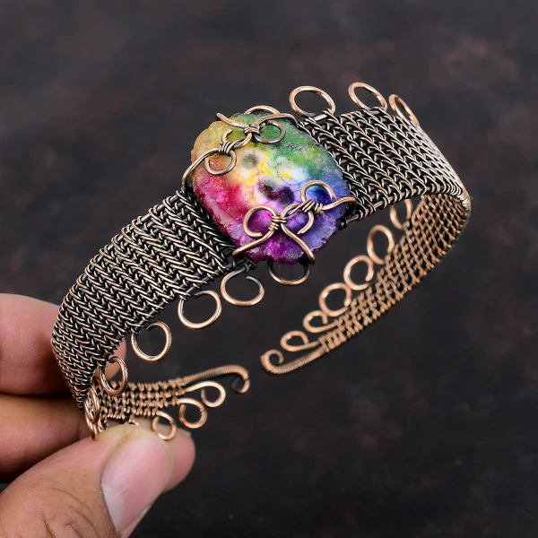 Rainbow Solar Quartz Druzy Oval Pink Handmade Copper Wire Wrapped Bangle