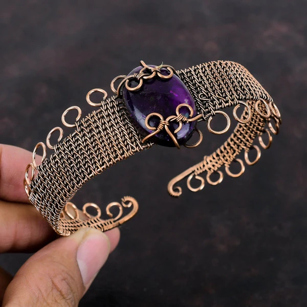 Purple Fire Labradorite Oval Purple Handmade Copper Wire Wrapped Bangle