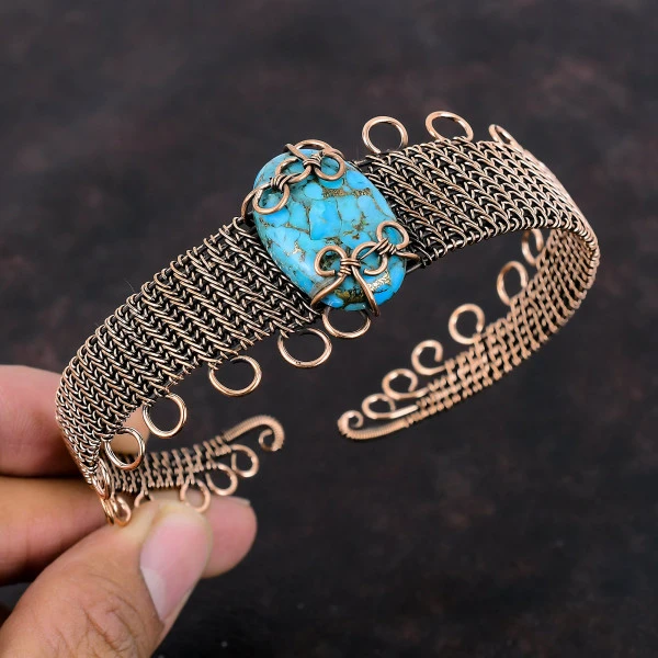 Copper Blue Turquoise Oval Blue Handmade Copper Wire Wrapped Bangle