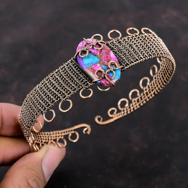 Natural Kingman Pink Dahlia Turquoise Oval Pink Handmade Copper Wire Wrapped Bangle