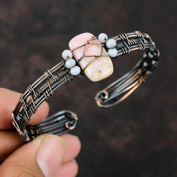 Pink Opal Radiant Pink Handmade Copper Wire Wrapped Bangle