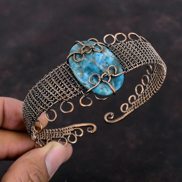Neon Apatite Oval Blue Handmade Copper Wire Wrapped Bangle