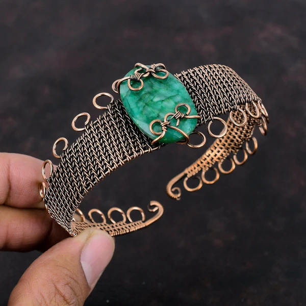 Zambian Emerald Oval Green Handmade Copper Wire Wrapped Bangle