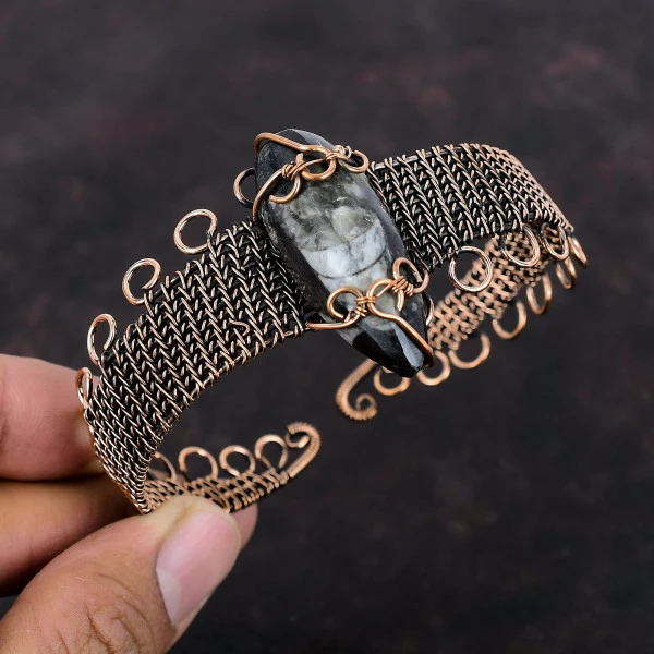 Orthoceras Fossil Pear Black Handmade Copper Wire Wrapped Bangle
